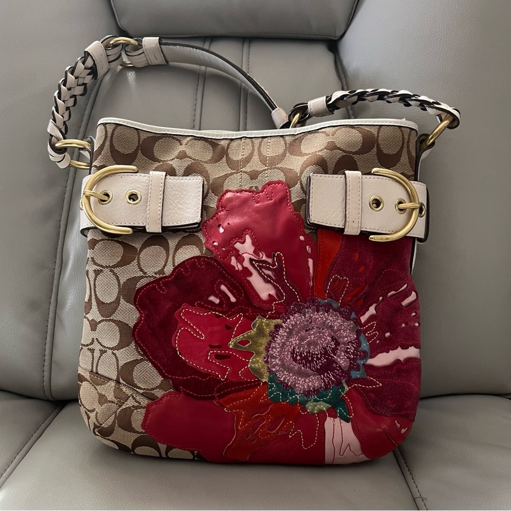 Coach Beige and Red Floral Shoulder Bag